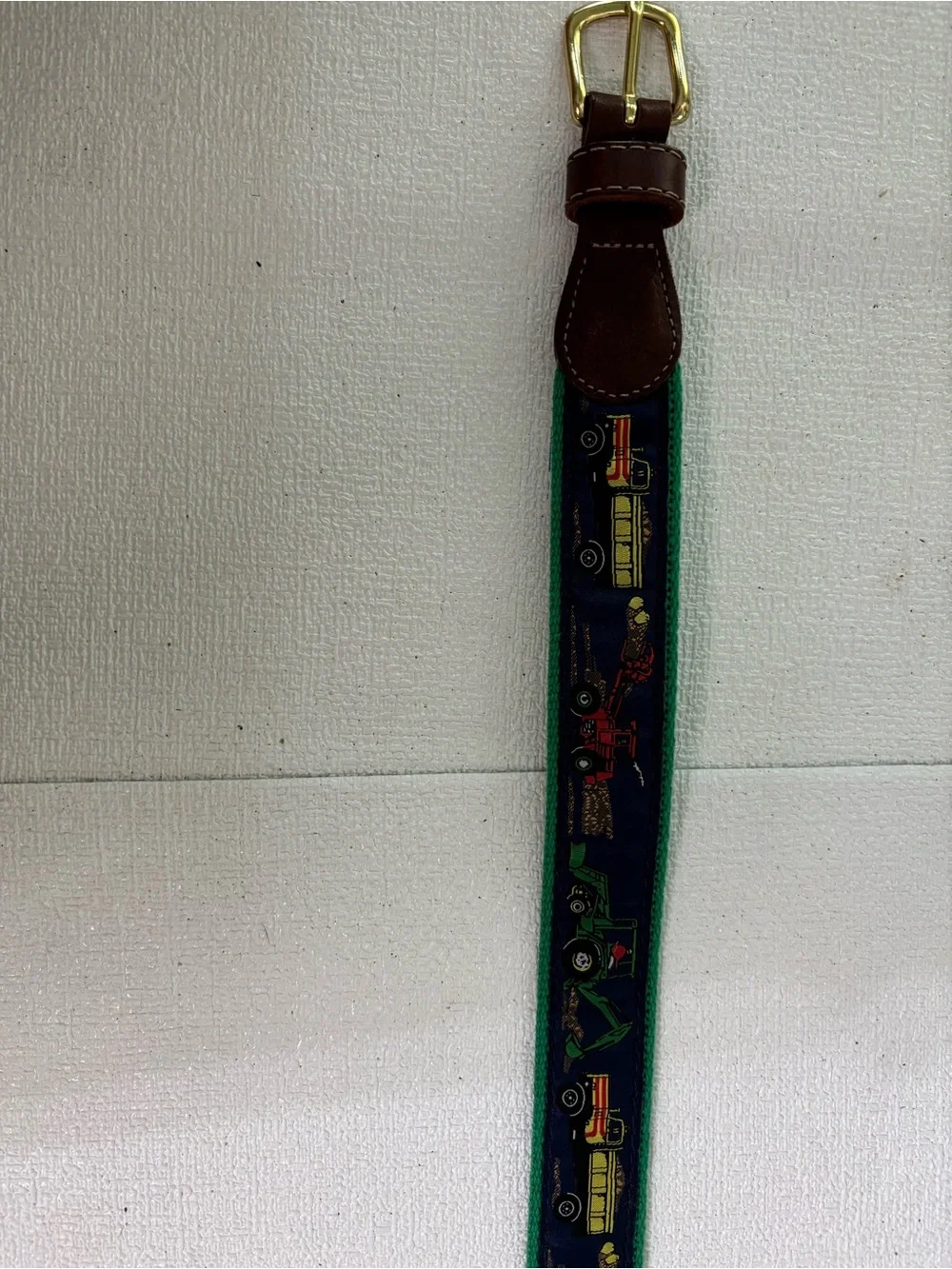 Kids Green Tractor Pattern Belt with Brown Leather Accents